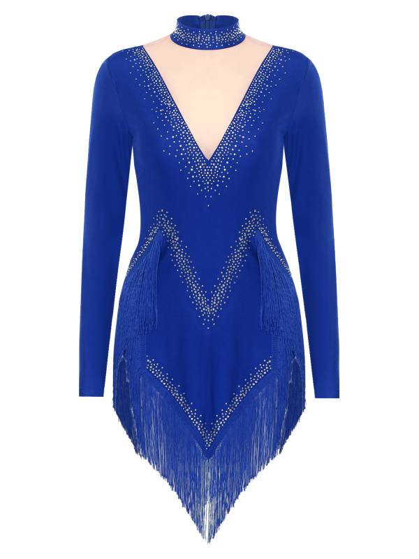 Women Long Sleeve Tassel Rhinestones Asymmetrcial Latin Dance Dress thumb