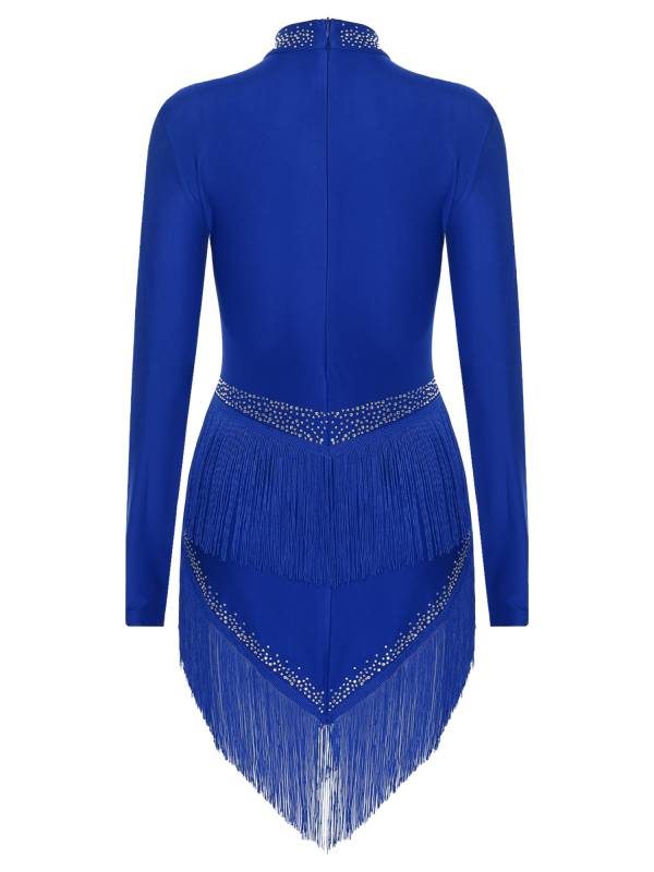 Women Long Sleeve Tassel Rhinestones Asymmetrcial Latin Dance Dress thumb