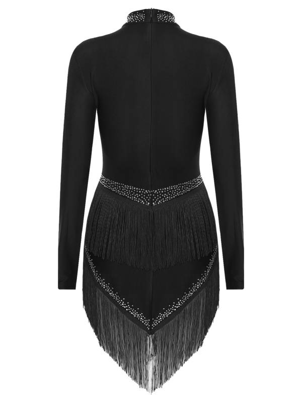 Women Long Sleeve Tassel Rhinestones Asymmetrcial Latin Dance Dress thumb