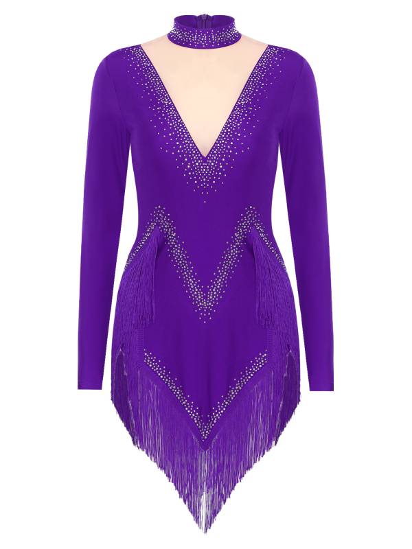 Women Long Sleeve Tassel Rhinestones Asymmetrcial Latin Dance Dress thumb