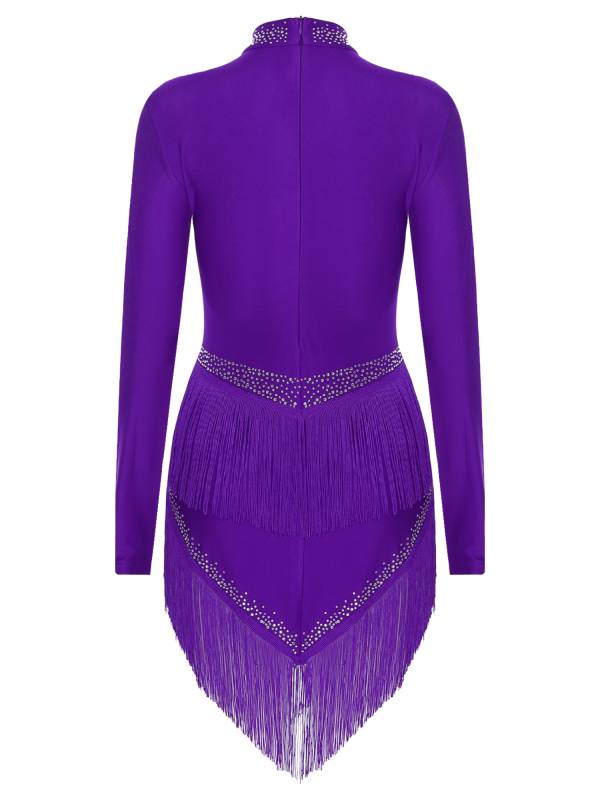 Women Long Sleeve Tassel Rhinestones Asymmetrcial Latin Dance Dress thumb
