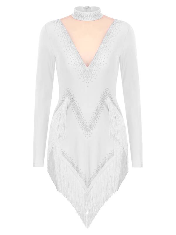 Women Long Sleeve Tassel Rhinestones Asymmetrcial Latin Dance Dress thumb