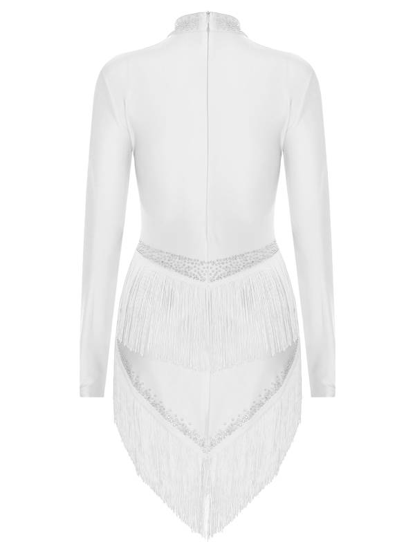 Women Long Sleeve Tassel Rhinestones Asymmetrcial Latin Dance Dress thumb