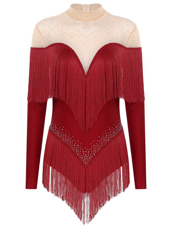 Women Long Sleeve Rhinestones Tassels Mesh Patchwork Latin Dance Leotard thumb