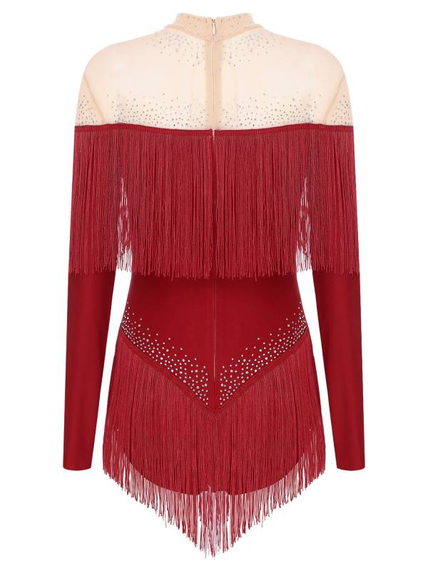 Women Long Sleeve Rhinestones Tassels Mesh Patchwork Latin Dance Leotard thumb