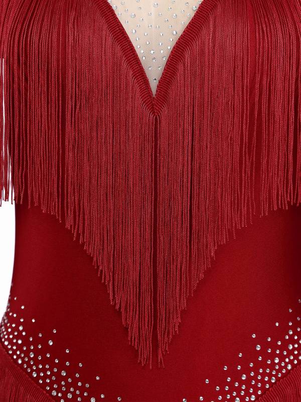 Women Long Sleeve Rhinestones Tassels Mesh Patchwork Latin Dance Leotard thumb