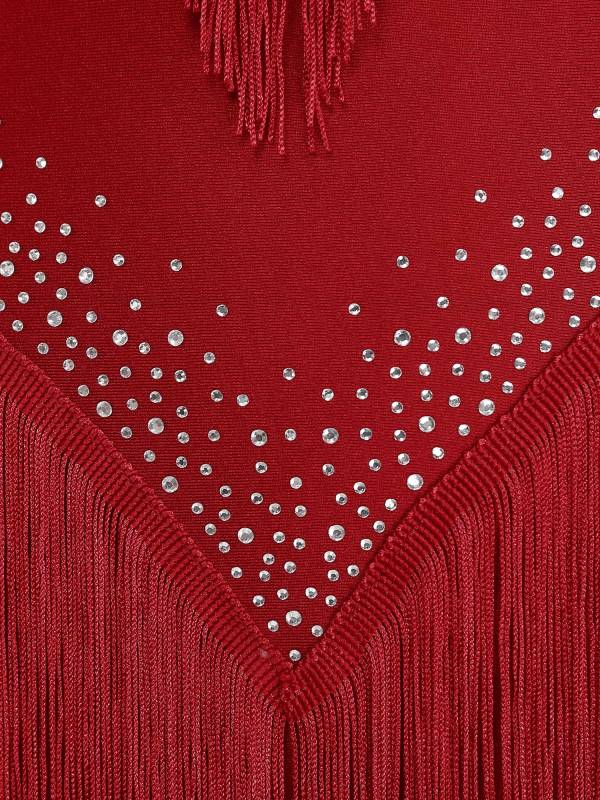 Women Long Sleeve Rhinestones Tassels Mesh Patchwork Latin Dance Leotard thumb