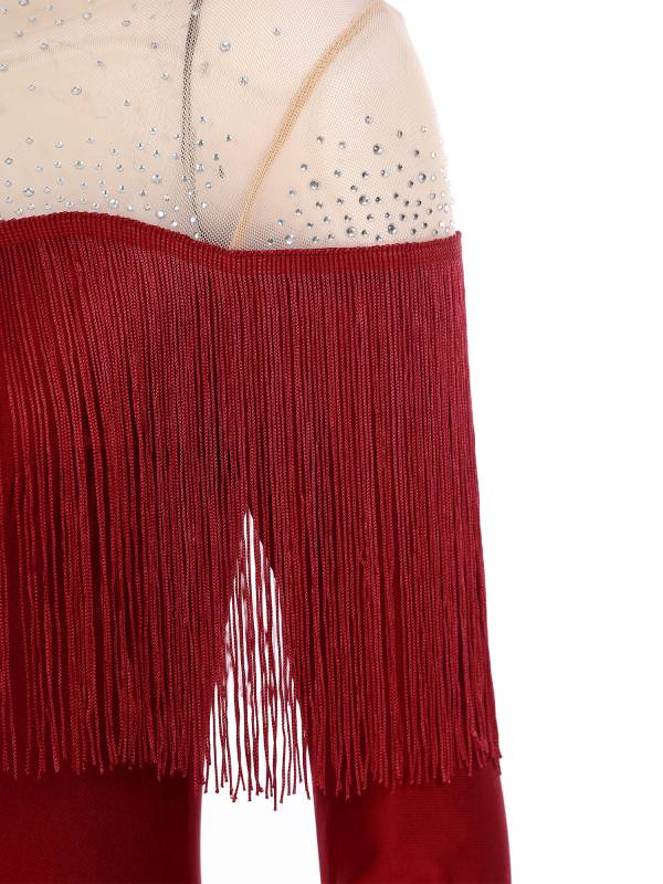 Women Long Sleeve Rhinestones Tassels Mesh Patchwork Latin Dance Leotard thumb