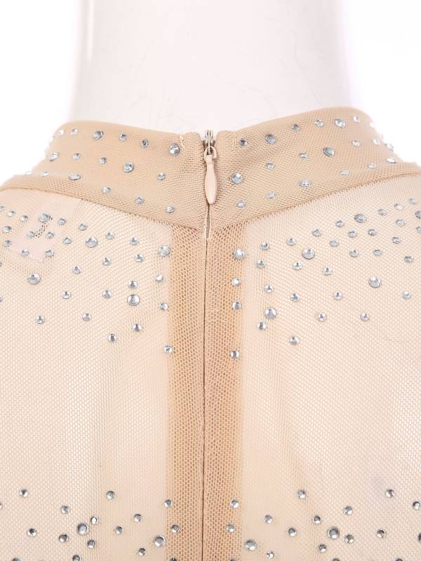 Women Long Sleeve Rhinestones Tassels Mesh Patchwork Latin Dance Leotard thumb