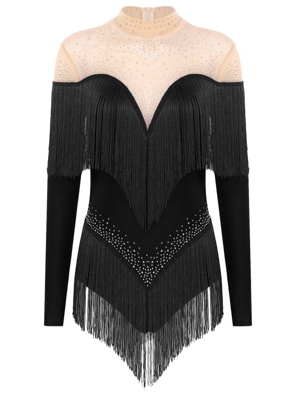Women Long Sleeve Rhinestones Tassels Mesh Patchwork Latin Dance Leotard thumb