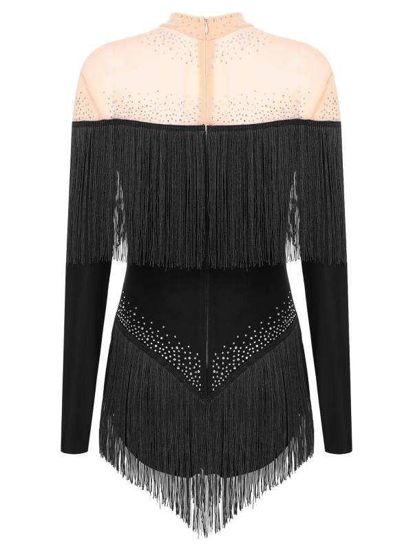 Women Long Sleeve Rhinestones Tassels Mesh Patchwork Latin Dance Leotard thumb