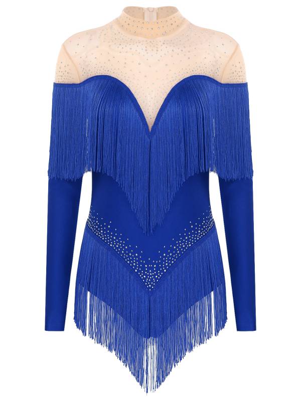 Women Long Sleeve Rhinestones Tassels Mesh Patchwork Latin Dance Leotard thumb