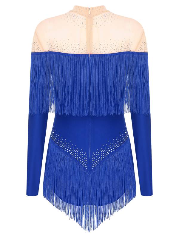 Women Long Sleeve Rhinestones Tassels Mesh Patchwork Latin Dance Leotard thumb