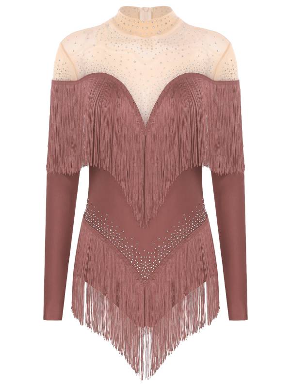 Women Long Sleeve Rhinestones Tassels Mesh Patchwork Latin Dance Leotard thumb