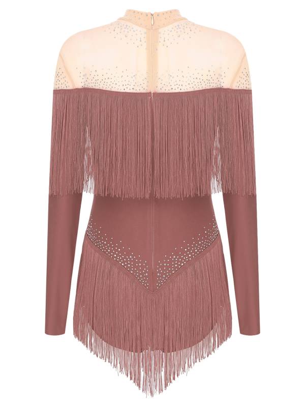Women Long Sleeve Rhinestones Tassels Mesh Patchwork Latin Dance Leotard thumb