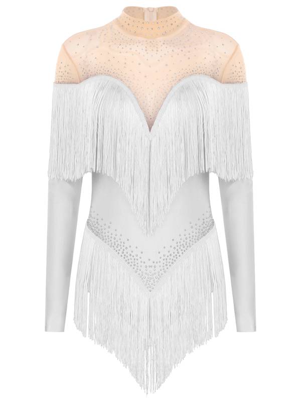 Women Long Sleeve Rhinestones Tassels Mesh Patchwork Latin Dance Leotard thumb