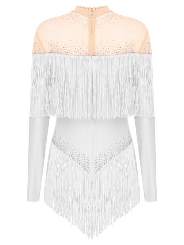 Women Long Sleeve Rhinestones Tassels Mesh Patchwork Latin Dance Leotard thumb