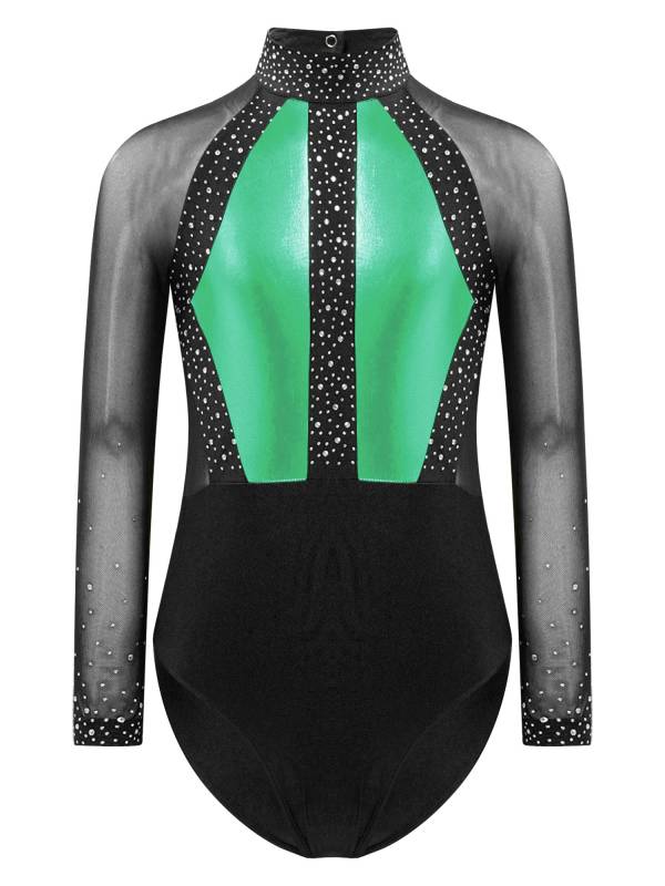 Kids Girls Shiny Rhinestones Color Block Mesh Long Sleeve Gymnastic Leotard thumb