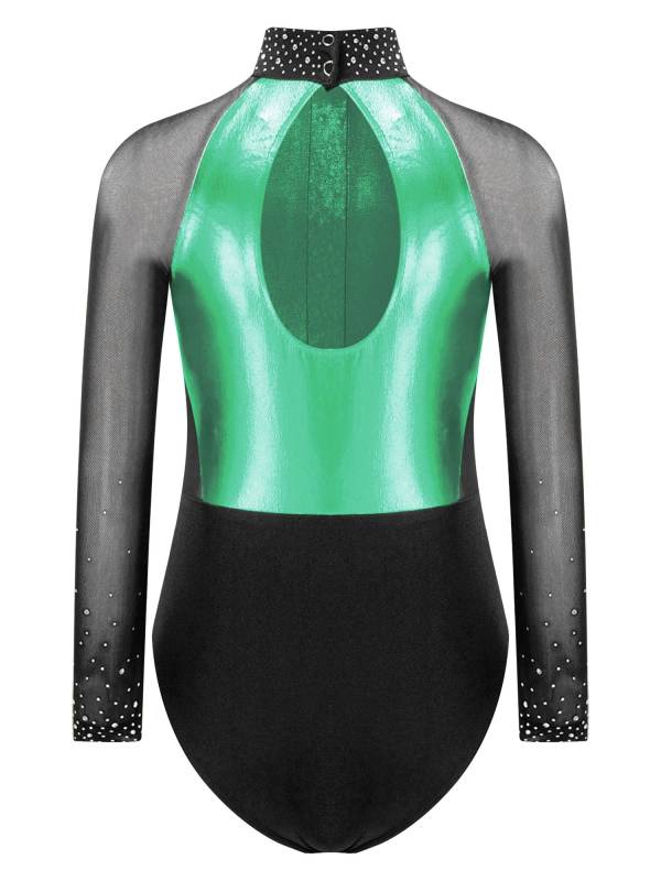 Kids Girls Shiny Rhinestones Color Block Mesh Long Sleeve Gymnastic Leotard thumb
