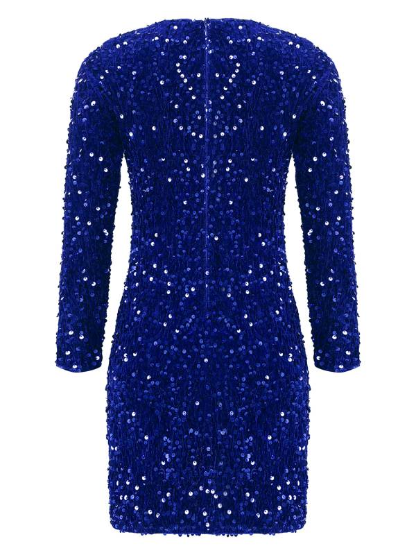 Kids Girls Sequin Long Sleeve Front Ruched Prom Bodycon Dress thumb