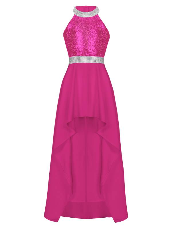 Kids Girls Sequin Halter Sleeveless High Low Party Dress thumb