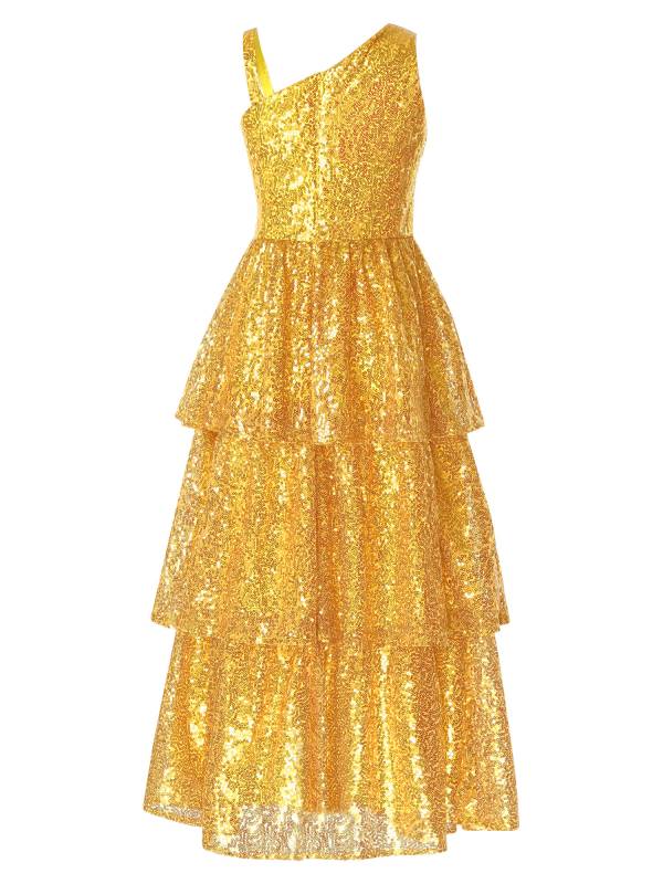 Kids Girls One Shoulder Sleeveless Sequined Tiered Ruffle A-line Birthday Dress thumb