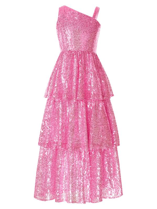 Kids Girls One Shoulder Sleeveless Sequined Tiered Ruffle A-line Birthday Dress thumb