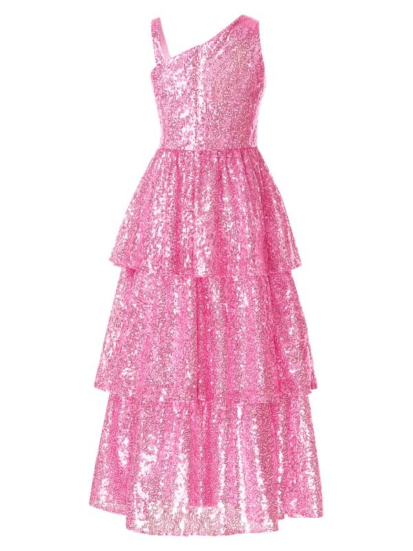 Kids Girls One Shoulder Sleeveless Sequined Tiered Ruffle A-line Birthday Dress thumb