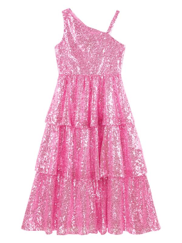 Kids Girls One Shoulder Sleeveless Sequined Tiered Ruffle A-line Birthday Dress thumb