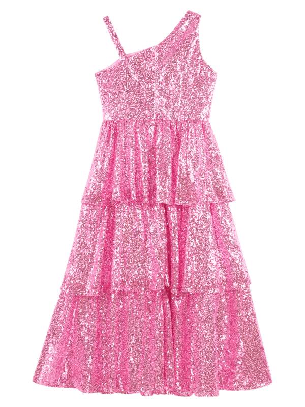 Kids Girls One Shoulder Sleeveless Sequined Tiered Ruffle A-line Birthday Dress thumb