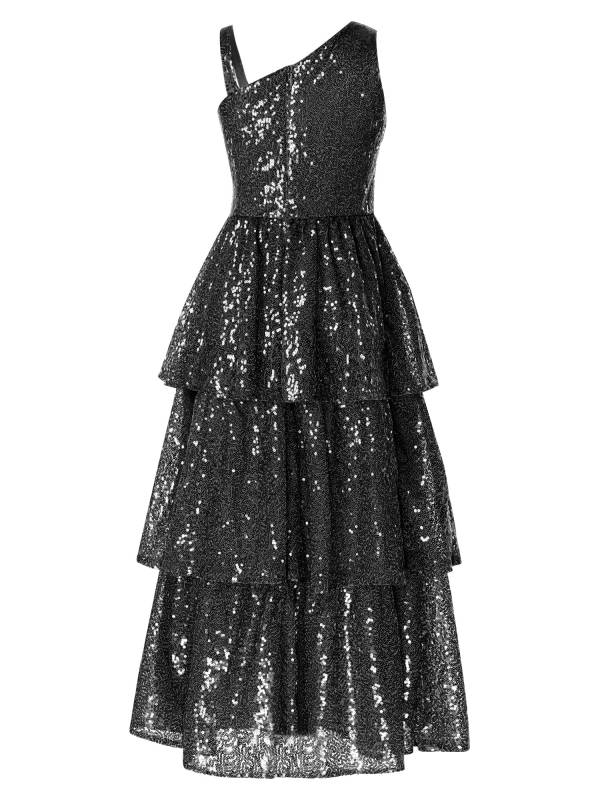Kids Girls One Shoulder Sleeveless Sequined Tiered Ruffle A-line Birthday Dress thumb