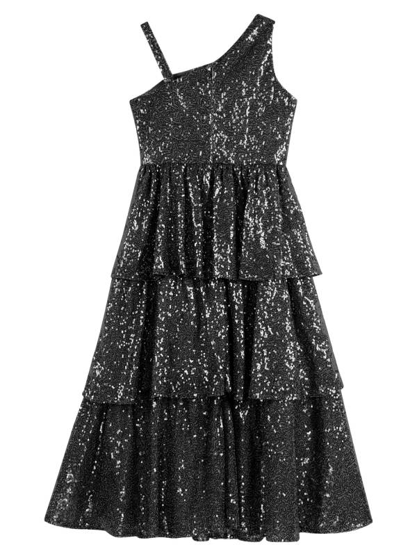 Kids Girls One Shoulder Sleeveless Sequined Tiered Ruffle A-line Birthday Dress thumb