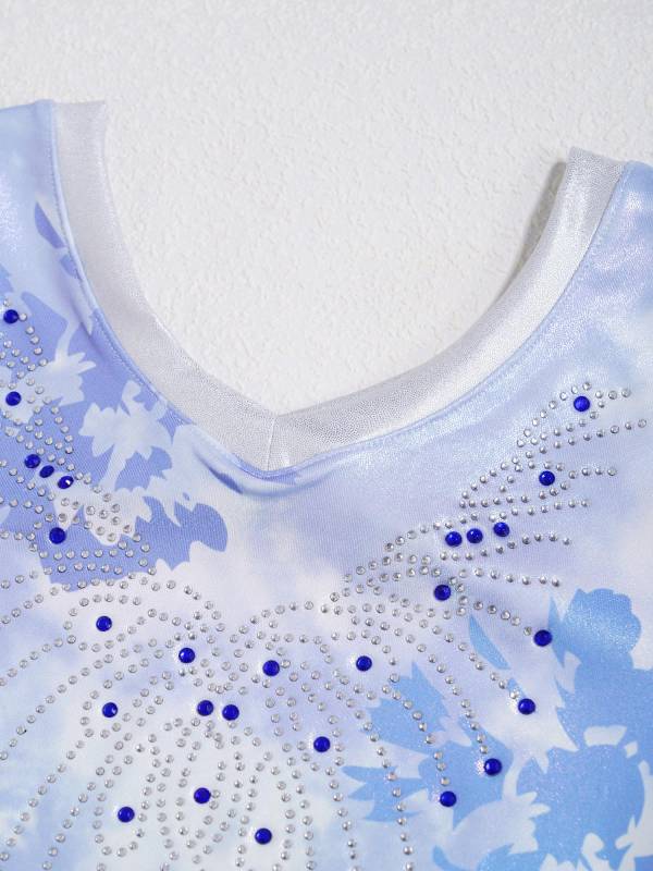 Kids Girls V Neck Sleeveless Shiny Rhinestones Gymnastics Leotard thumb