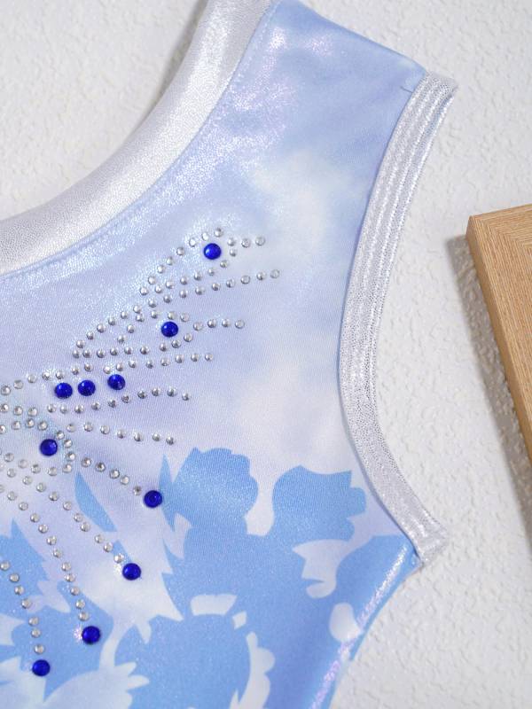 Kids Girls V Neck Sleeveless Shiny Rhinestones Gymnastics Leotard thumb