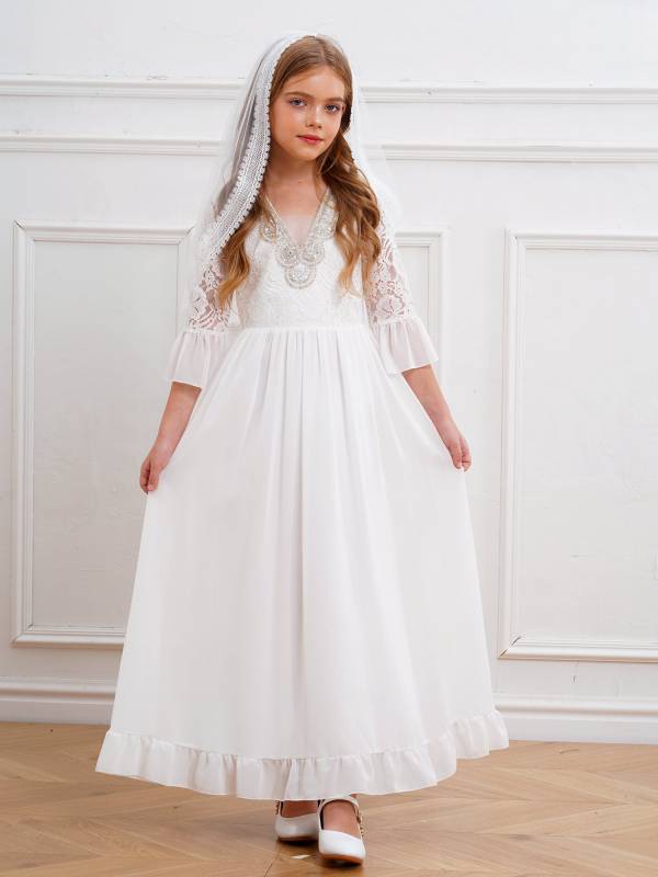 Floral Lace V Neck Flower Girl Maxi Dress with Mesh Veil thumb