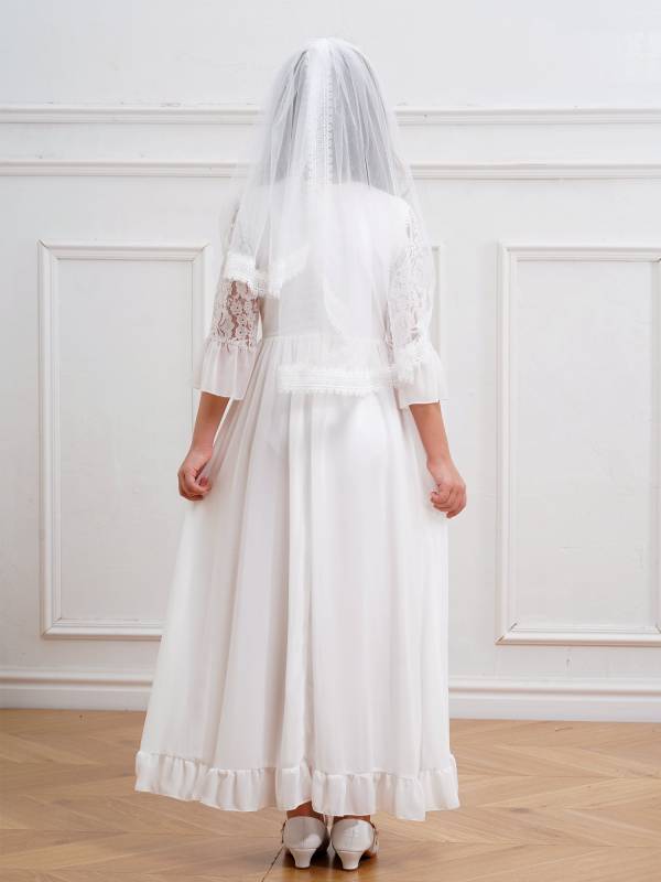 Floral Lace V Neck Flower Girl Maxi Dress with Mesh Veil thumb