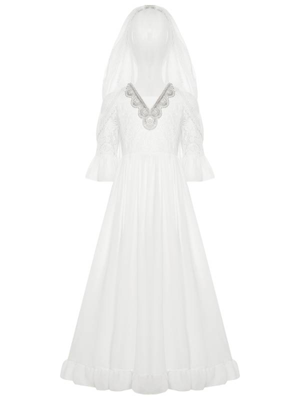 Floral Lace V Neck Flower Girl Maxi Dress with Mesh Veil thumb