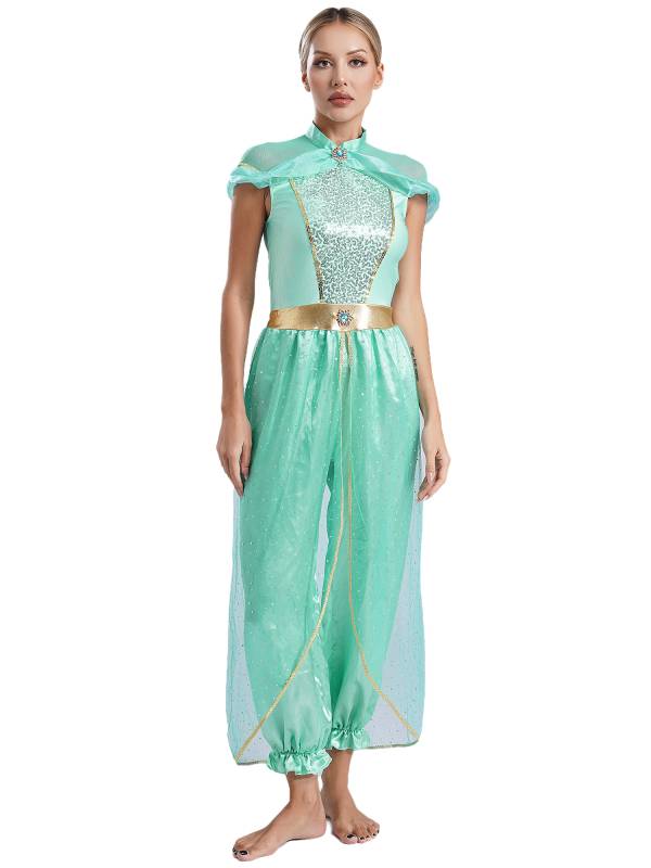 Women Cap Sleeve Sequins Arabian Princess Costume Belly Dance Jumpsuit thumb