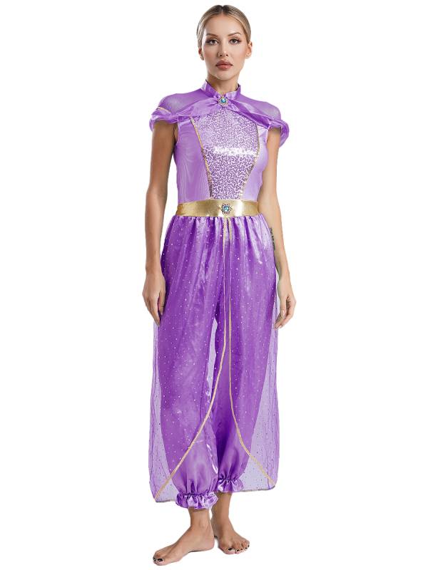 Women Cap Sleeve Sequins Arabian Princess Costume Belly Dance Jumpsuit thumb