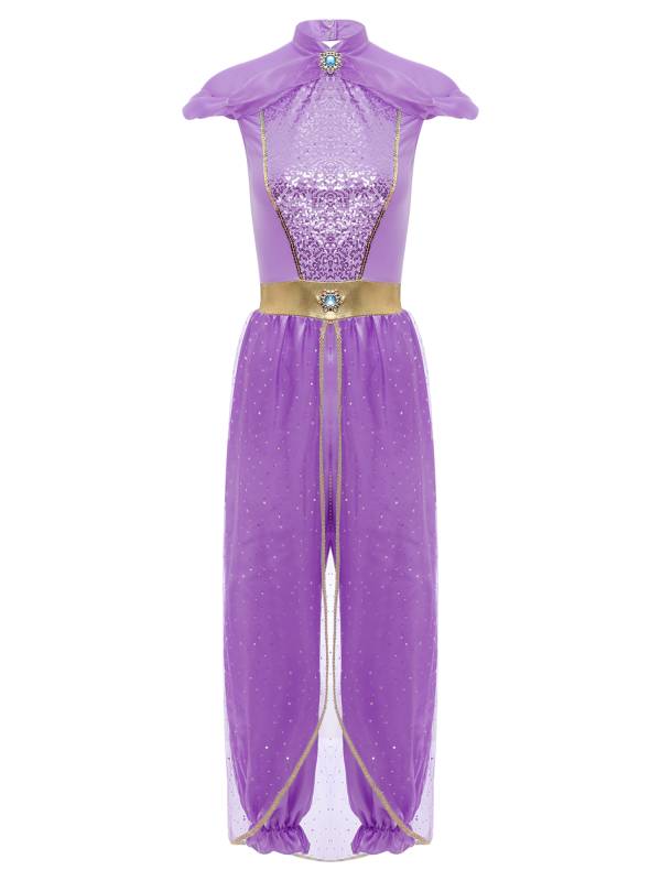 Women Cap Sleeve Sequins Arabian Princess Costume Belly Dance Jumpsuit thumb