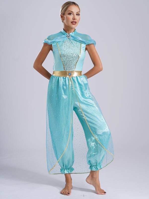 Women Cap Sleeve Sequins Arabian Princess Costume Belly Dance Jumpsuit thumb