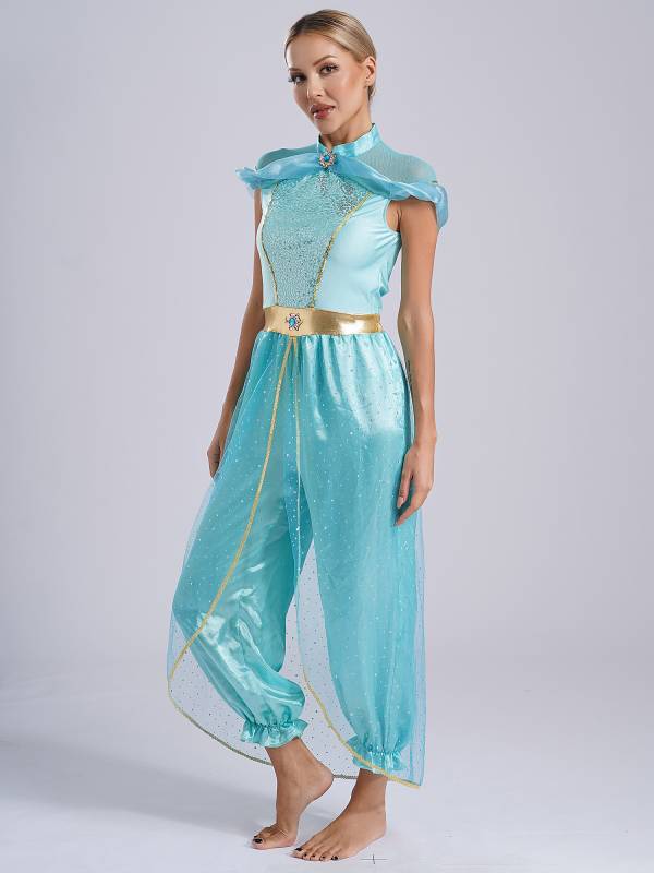 Women Cap Sleeve Sequins Arabian Princess Costume Belly Dance Jumpsuit thumb