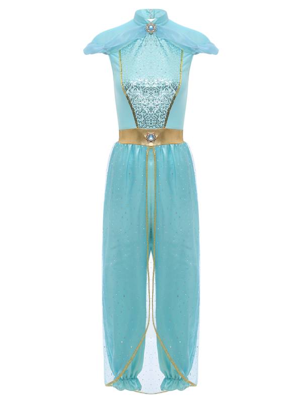 Women Cap Sleeve Sequins Arabian Princess Costume Belly Dance Jumpsuit thumb