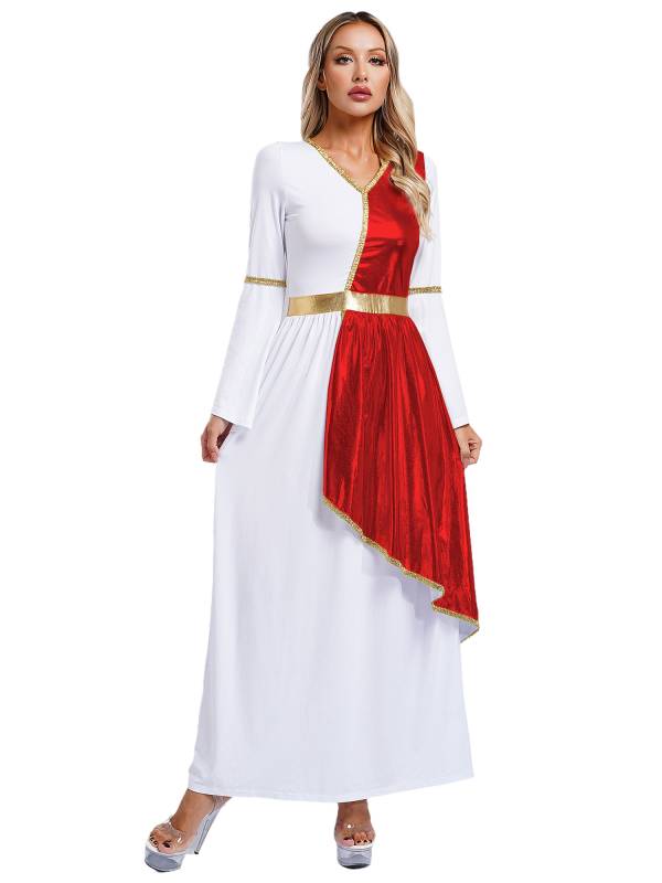 Women V Neck Flare Sleeve Metallic Overlay Roman Greek Toga Dress thumb