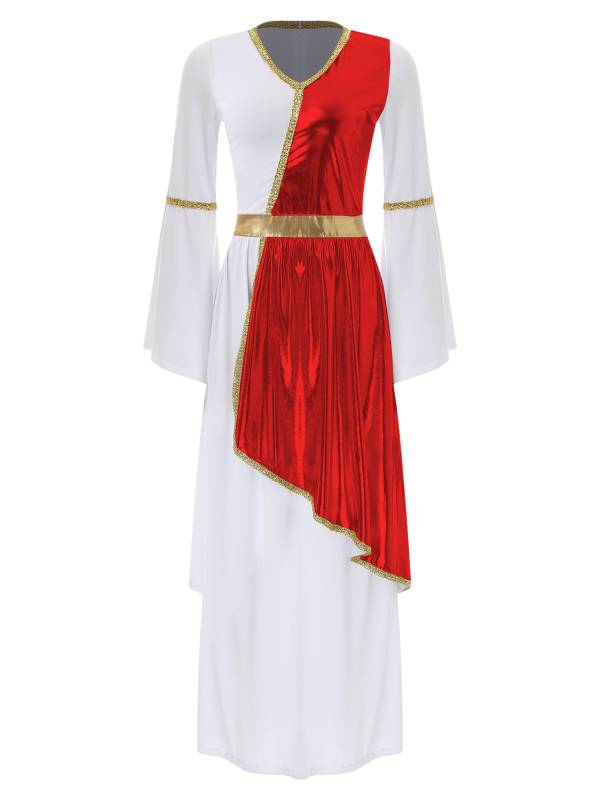 Women V Neck Flare Sleeve Metallic Overlay Roman Greek Toga Dress thumb