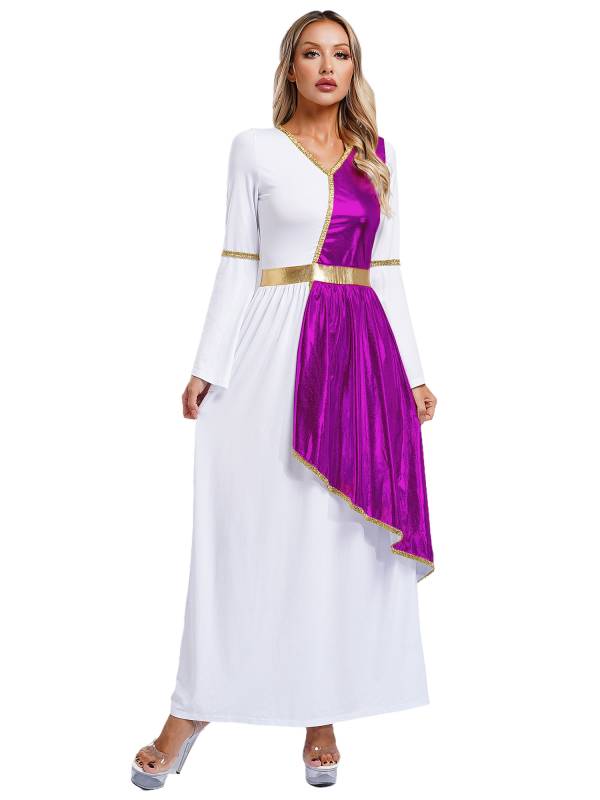Women V Neck Flare Sleeve Metallic Overlay Roman Greek Toga Dress thumb