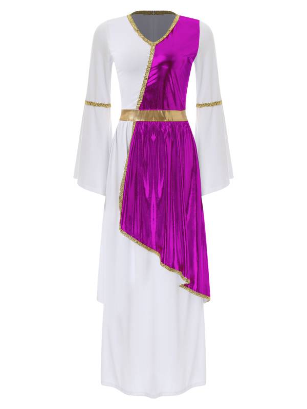 Women V Neck Flare Sleeve Metallic Overlay Roman Greek Toga Dress thumb