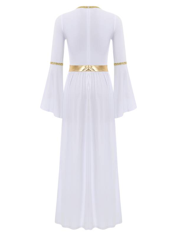 Women V Neck Flare Sleeve Metallic Overlay Roman Greek Toga Dress thumb