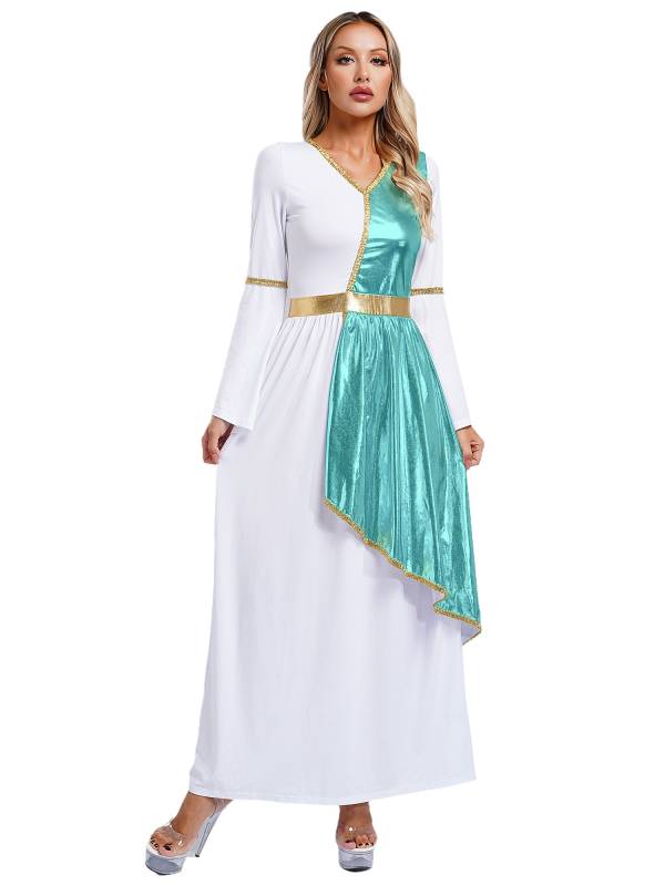 Women V Neck Flare Sleeve Metallic Overlay Roman Greek Toga Dress thumb