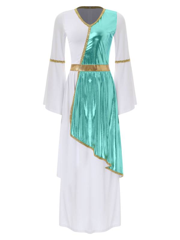 Women V Neck Flare Sleeve Metallic Overlay Roman Greek Toga Dress thumb